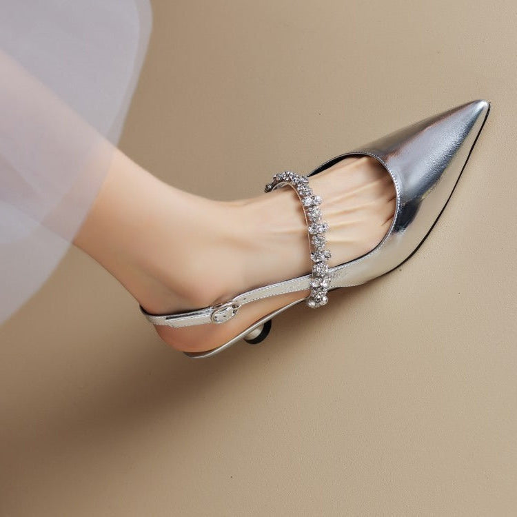 Pointed Toe Rhinestone Strap Kitten Heel Pumps