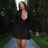 Deep V-Neck Long Sleeve Button Front Pleated Mini Dress 4