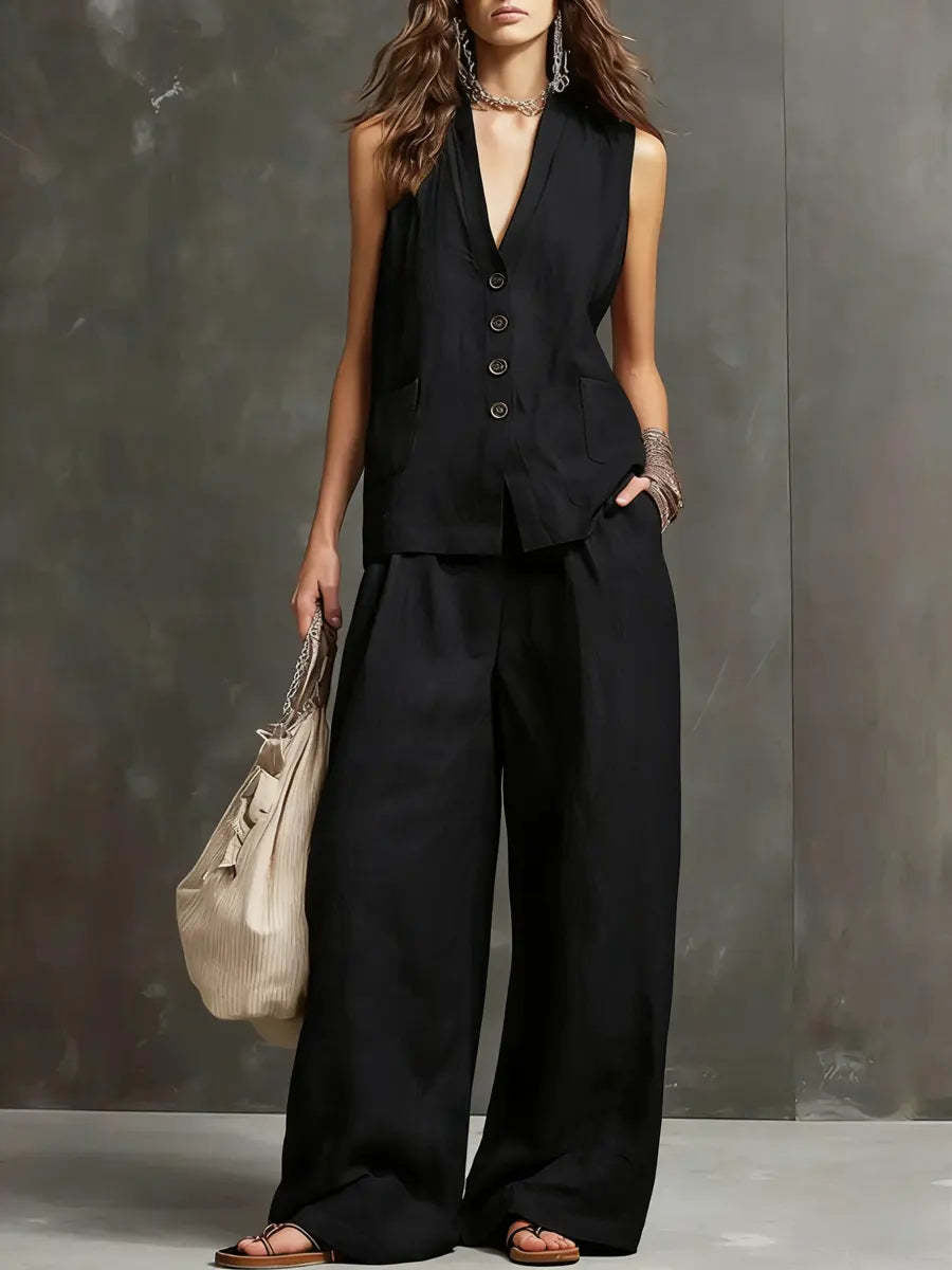 V-Neck Sleeveless Button Vest and Wide Leg Pants Two Piece Set