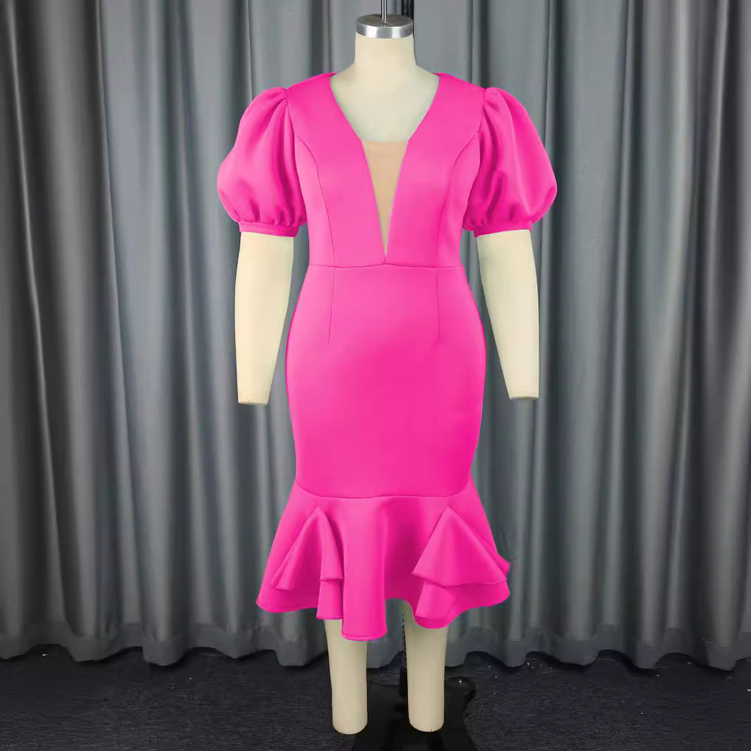 Puff Sleeve Illusion V-Neck Bodycon Ruffle Hem Mermaid Midi Dress 2