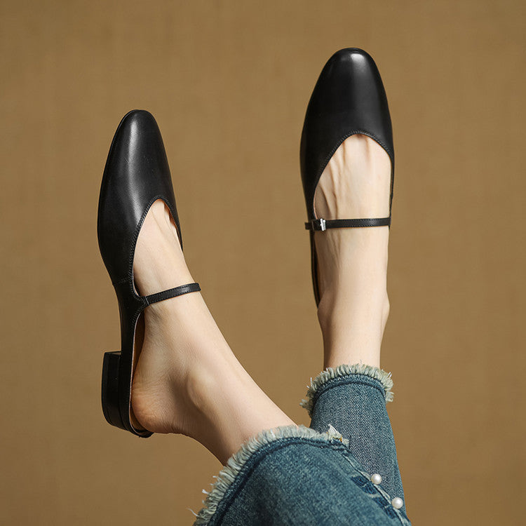 Round Toe Ankle Strap Low Block Heel Mary Jane Flats