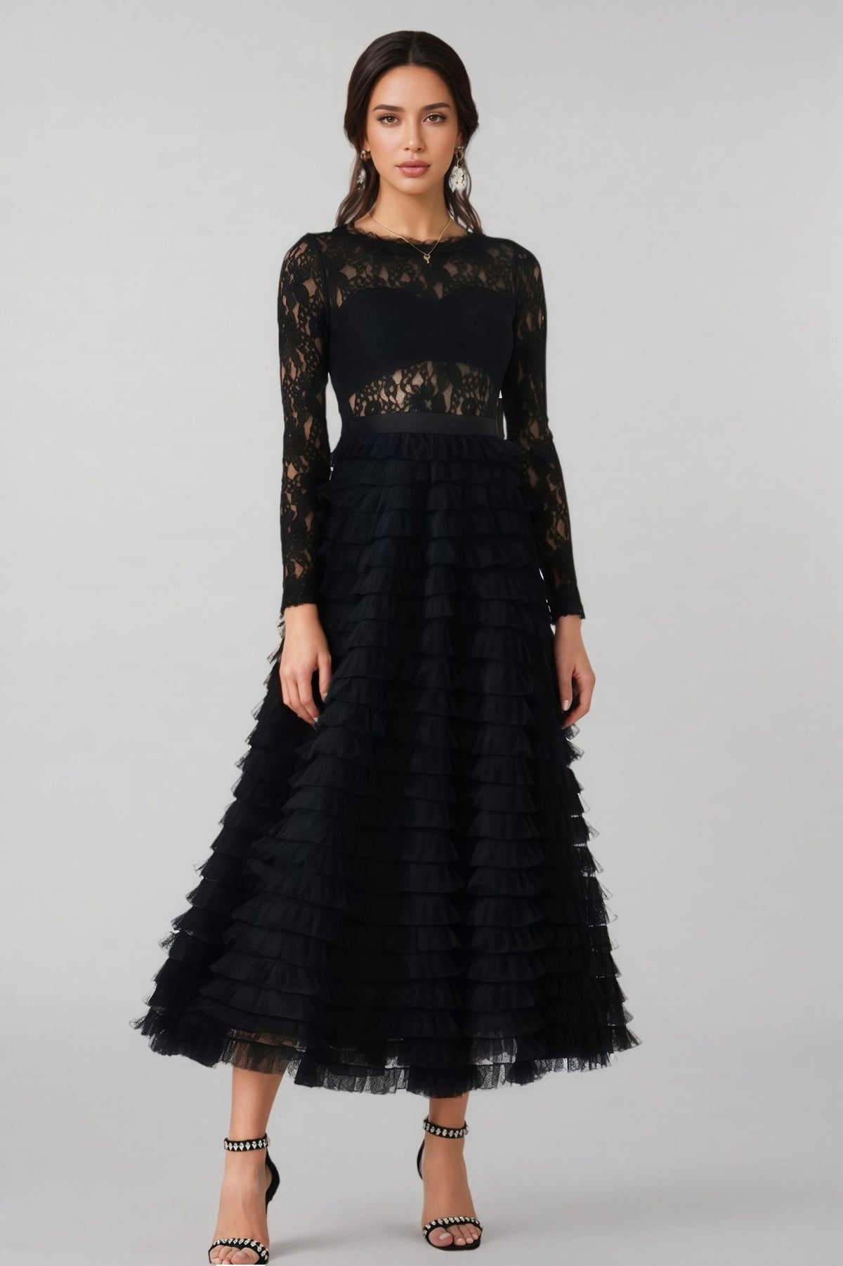 Round Neck Long Sleeve Lace Bodice Tiered Ruffle Tulle Midi Dress