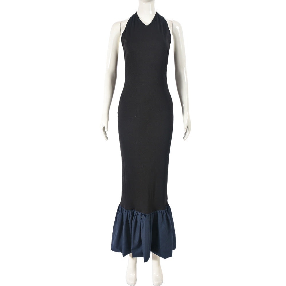 Halter Neck Sleeveless Backless Contrast Ruffle Hem Mermaid Maxi Dress 4