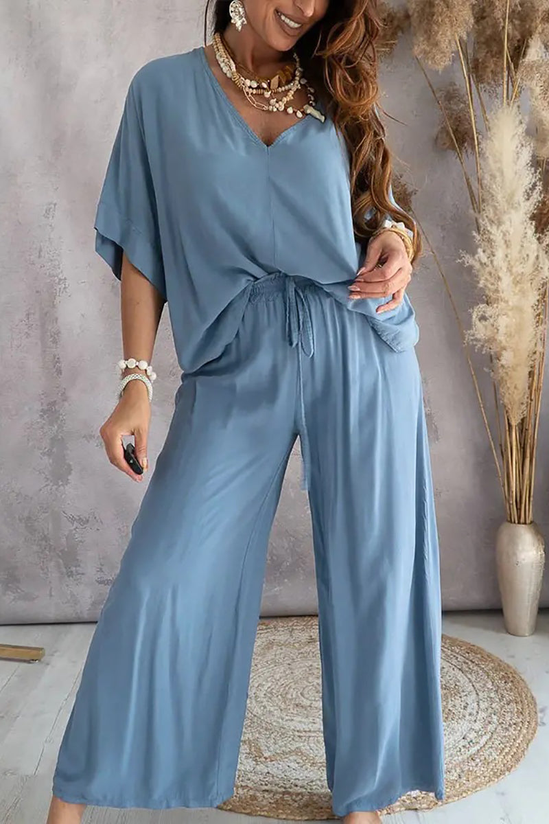 V Neck Bat Blouse Pants Set