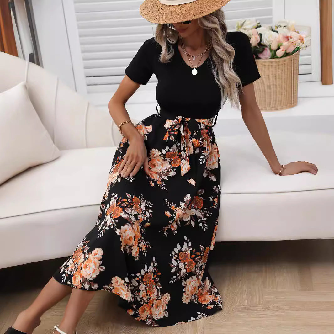 Ribbed Knit V-Neck Short Sleeve Floral Print Tie Waist Midi Dress 3