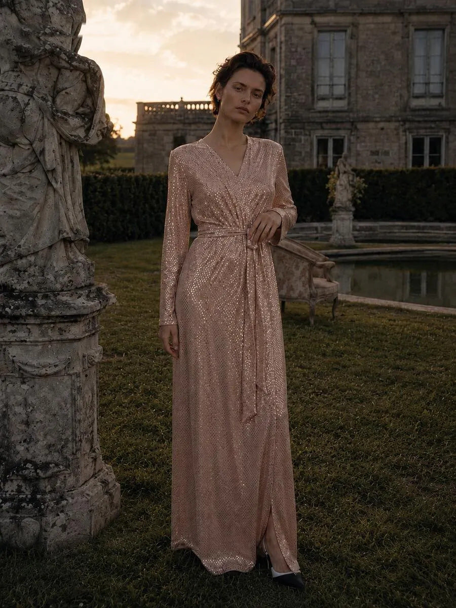 French V neck Long Sleeve Shiny Dress Women Elegant Waist Controlled Slimming Dinner Dress
