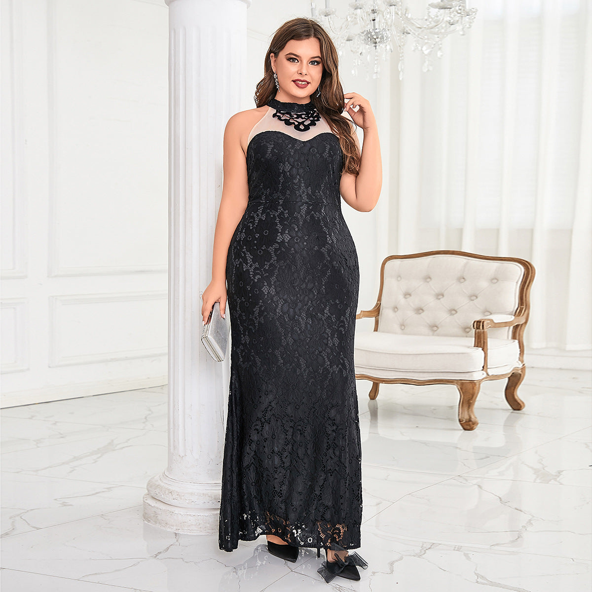 Lace Halter Neck Mesh Yoke Sweetheart Mermaid Floor Length Gown