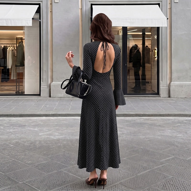 Autumn Winter Elegant Maxi Dress Polka Dot Flared Long Sleeve Backless Lace up Dress for Women