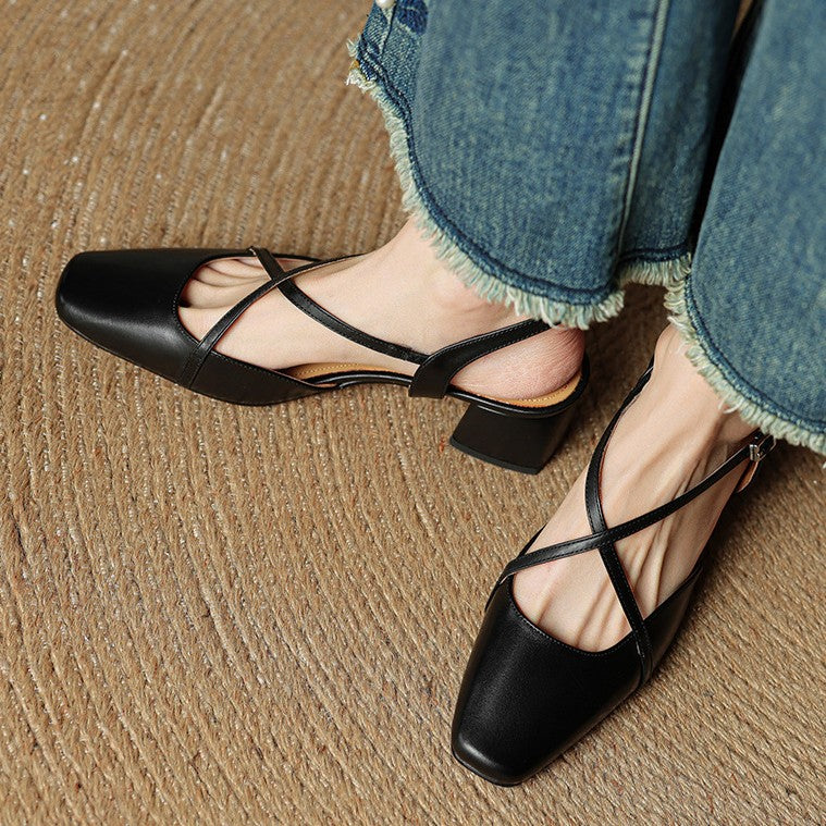 Square Toe Cross Strap Block Heel Slingback Pumps