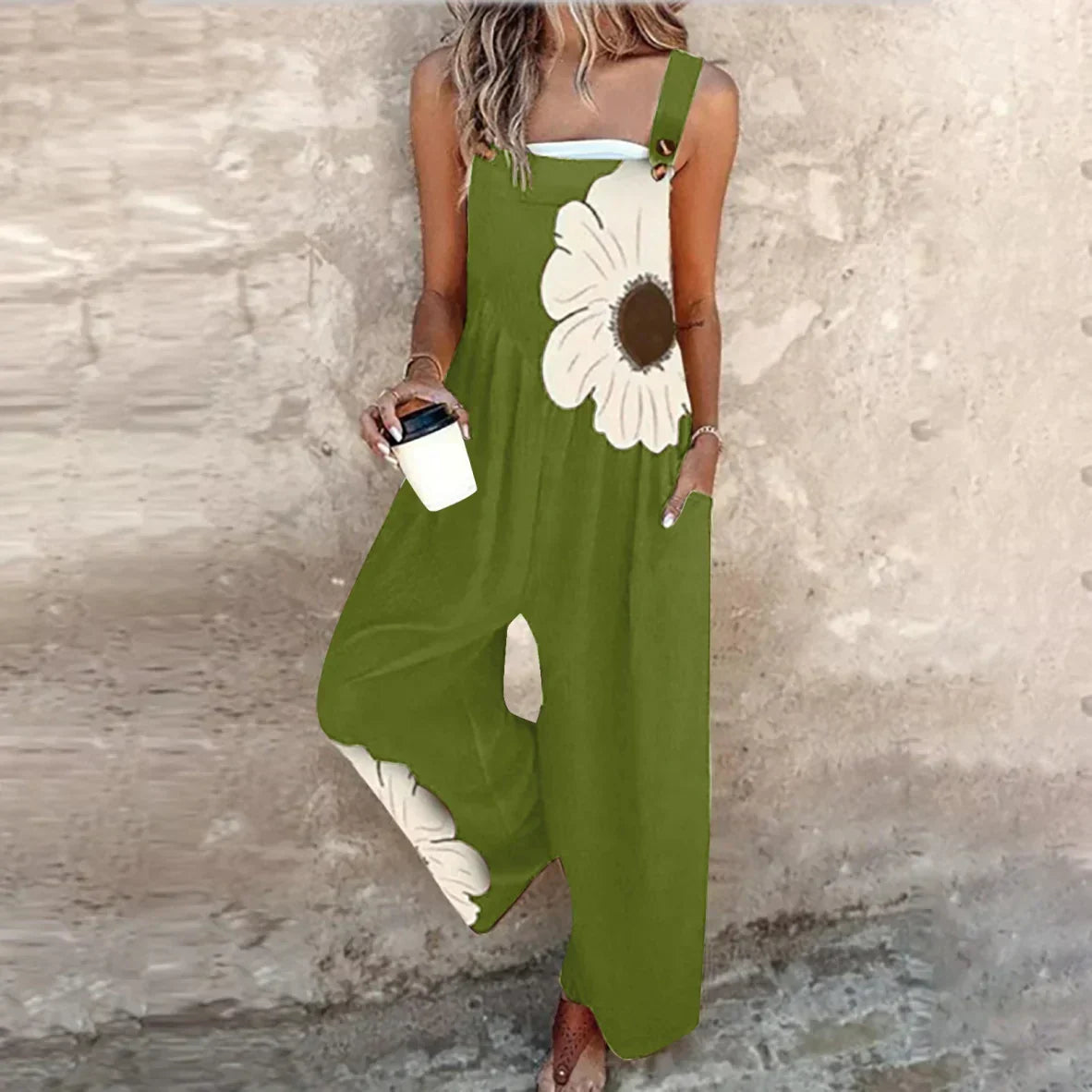 Floral Print Buckle Strap Wide Leg Overall Jumpsuit