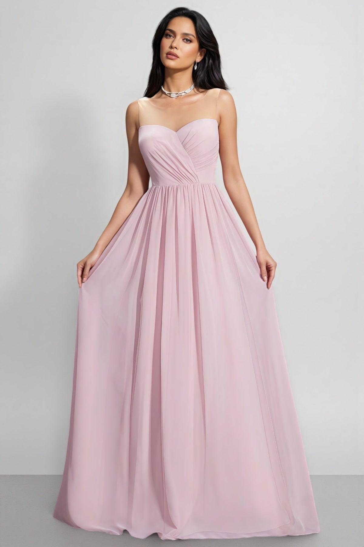 Sheer Mesh Illusion Neck Sweetheart Pleated Chiffon A-Line Maxi Dress