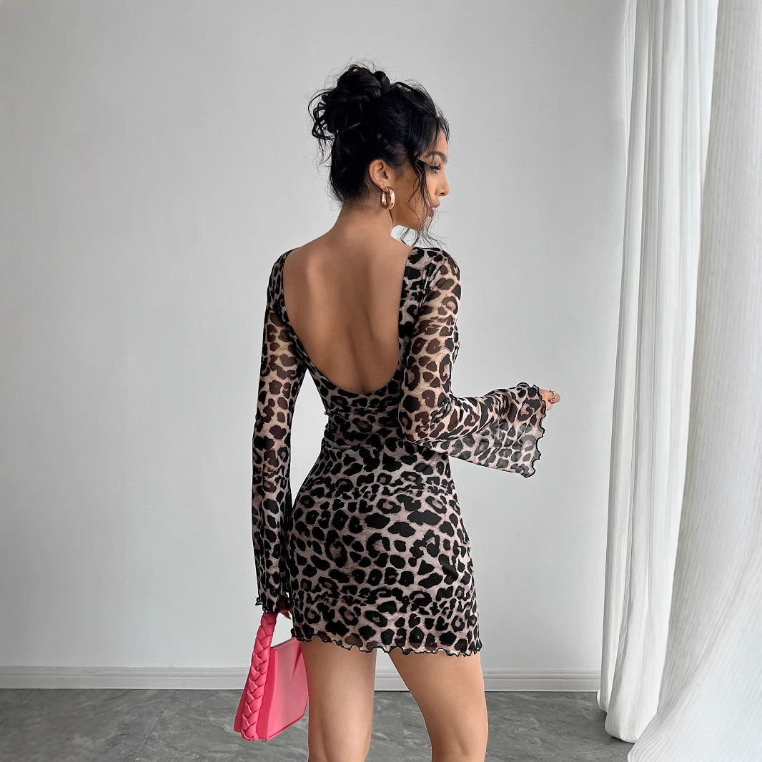 Leopard Print Mesh Scoop Back Flare Sleeve Lettuce Hem Bodycon Mini Dress