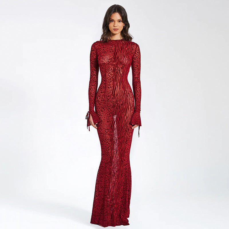 Sexy round Neck Bare Back Party Red Leopard Print Print Fishtail Dress Women