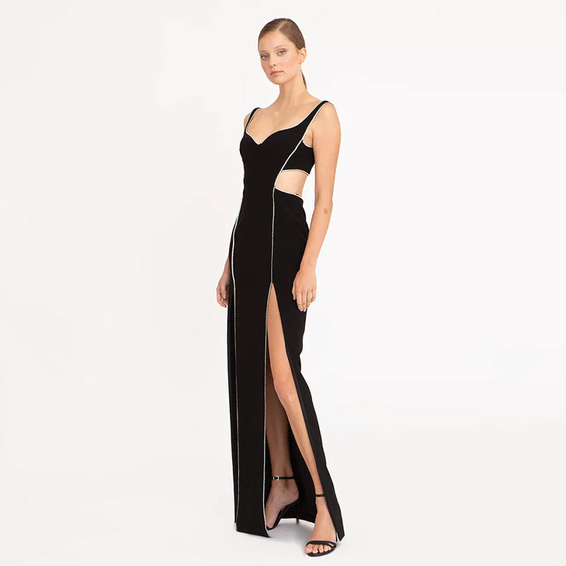 Tight Bandage One Piece Dress Split Sleeveless Drilling Diamond Cropped Outfit Dress