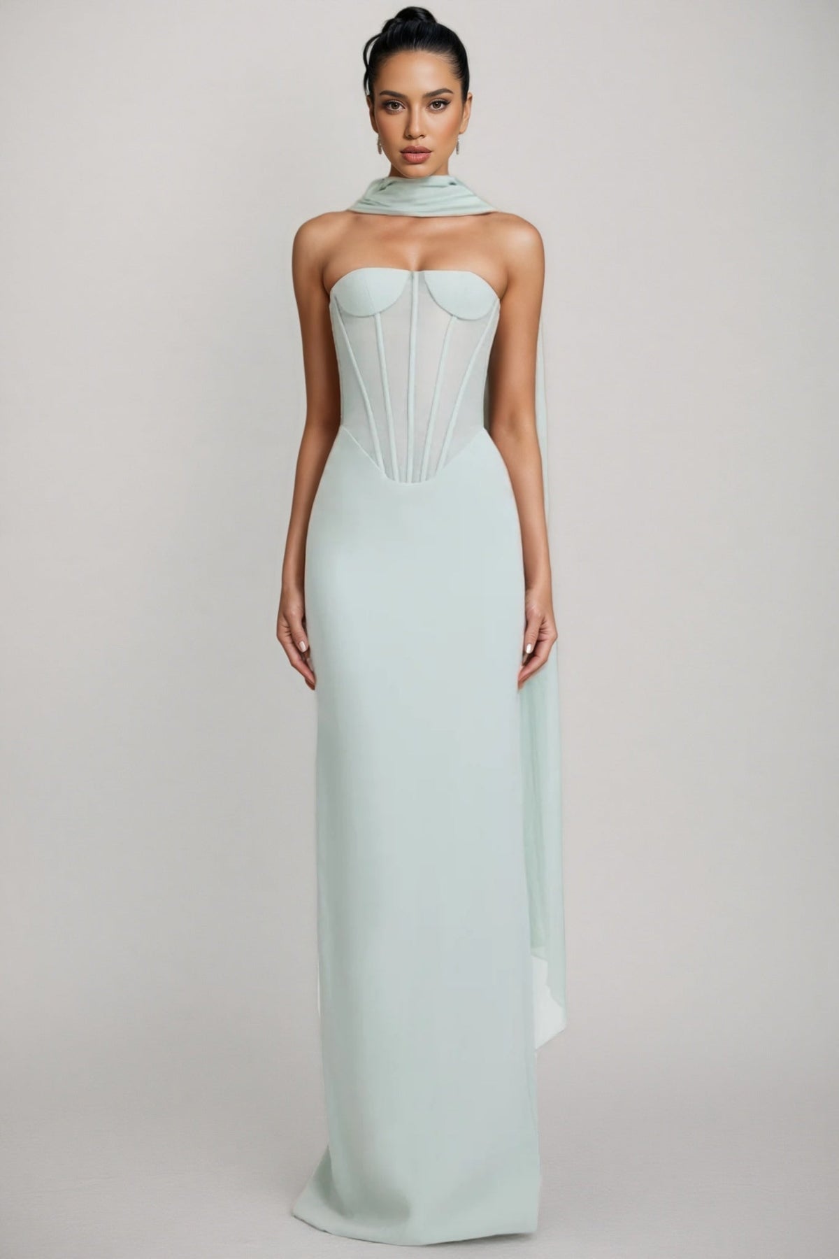 Strapless Sheer Corset Bodice Column Maxi Dress with Draped Neck Scarf