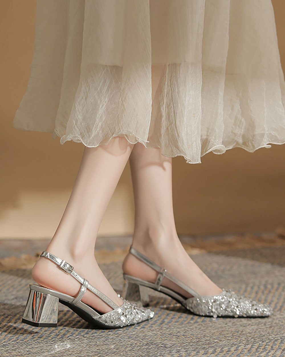 Sequins Back Strap Square Toe Chunky Heel Sandals