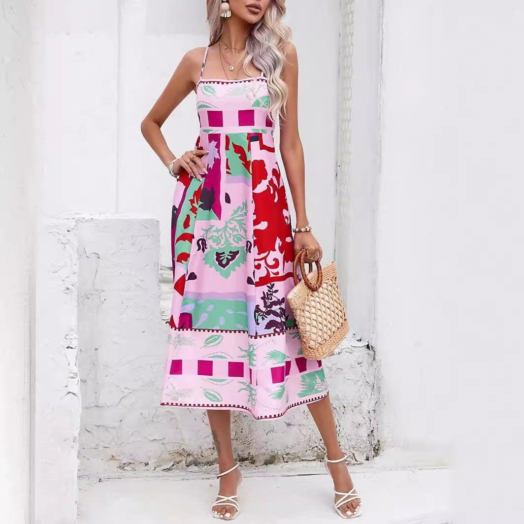 Abstract Floral Print Spaghetti Strap Square Neck A-Line Midi Dress 3