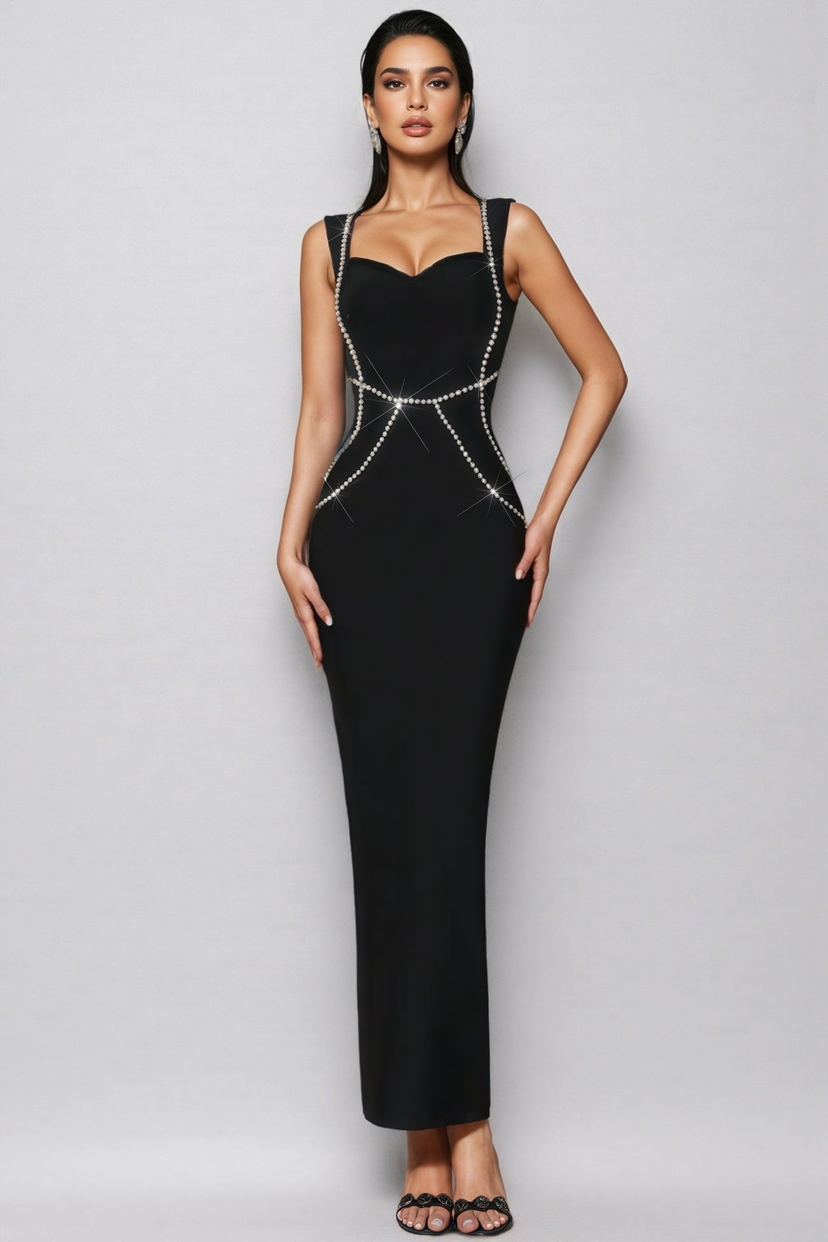 Rhinestone Trim Sweetheart Neck Sleeveless Bodycon Maxi Dress