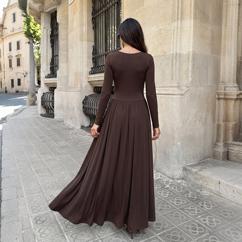 Simple Retro Solid Color Square Collar Pleated Long Sleeve Dress