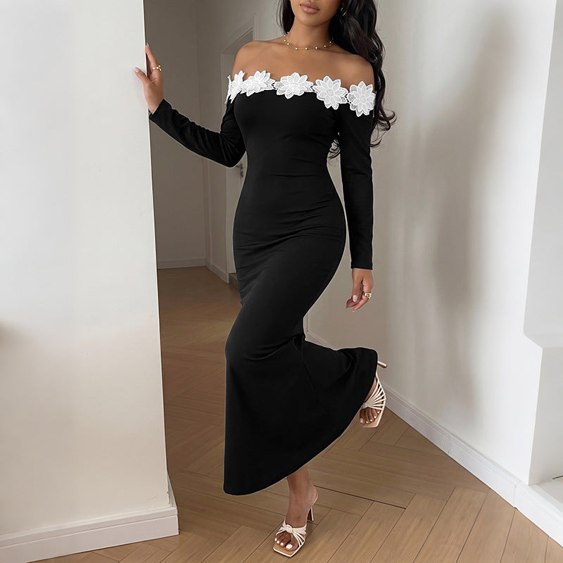 Elegant Lightly Mature Three Dimensional Floral Stitching off Neck Long Sleeve Dress