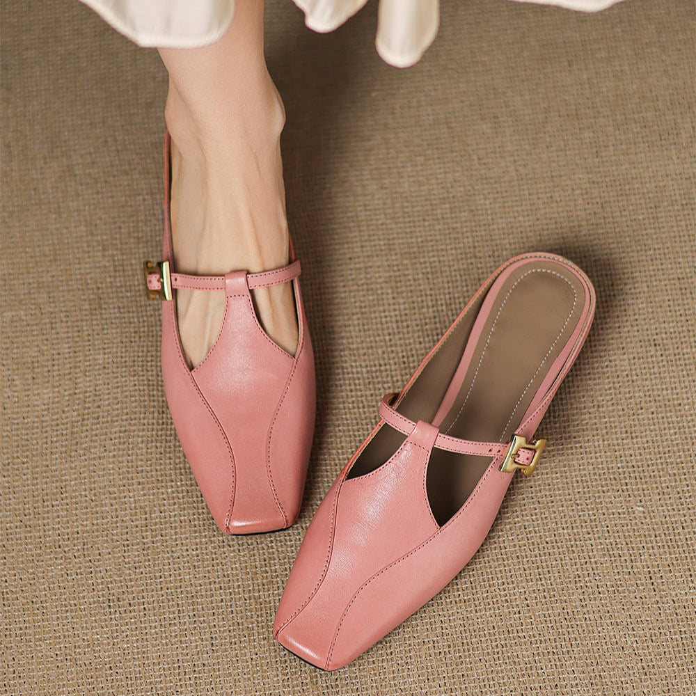 Square Toe Buckle Strap Low Block Heel Mules