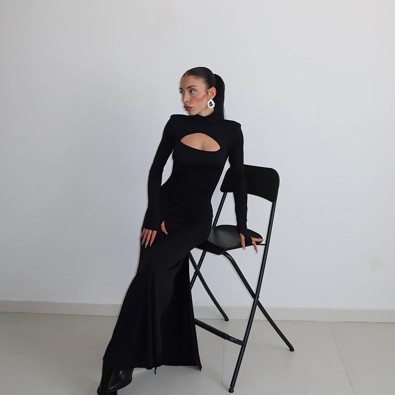 Mock Neck Long Sleeve Keyhole Cut Out Bodycon Maxi Dress 2