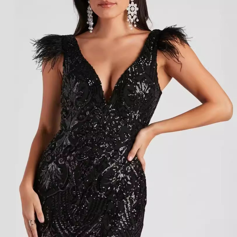 Sequin Feather Shoulder Plunge V-Neck High Split Evening Gown 2