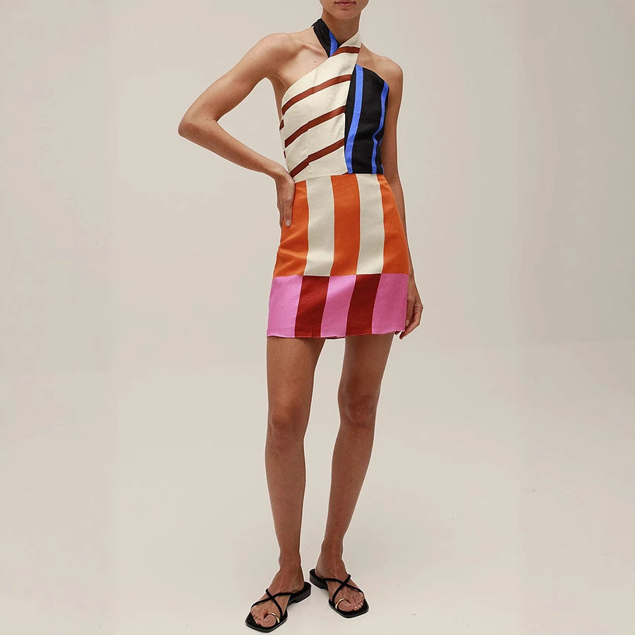 Colorblock Striped Twist Halter Neck Asymmetric Straight Mini Dress 2