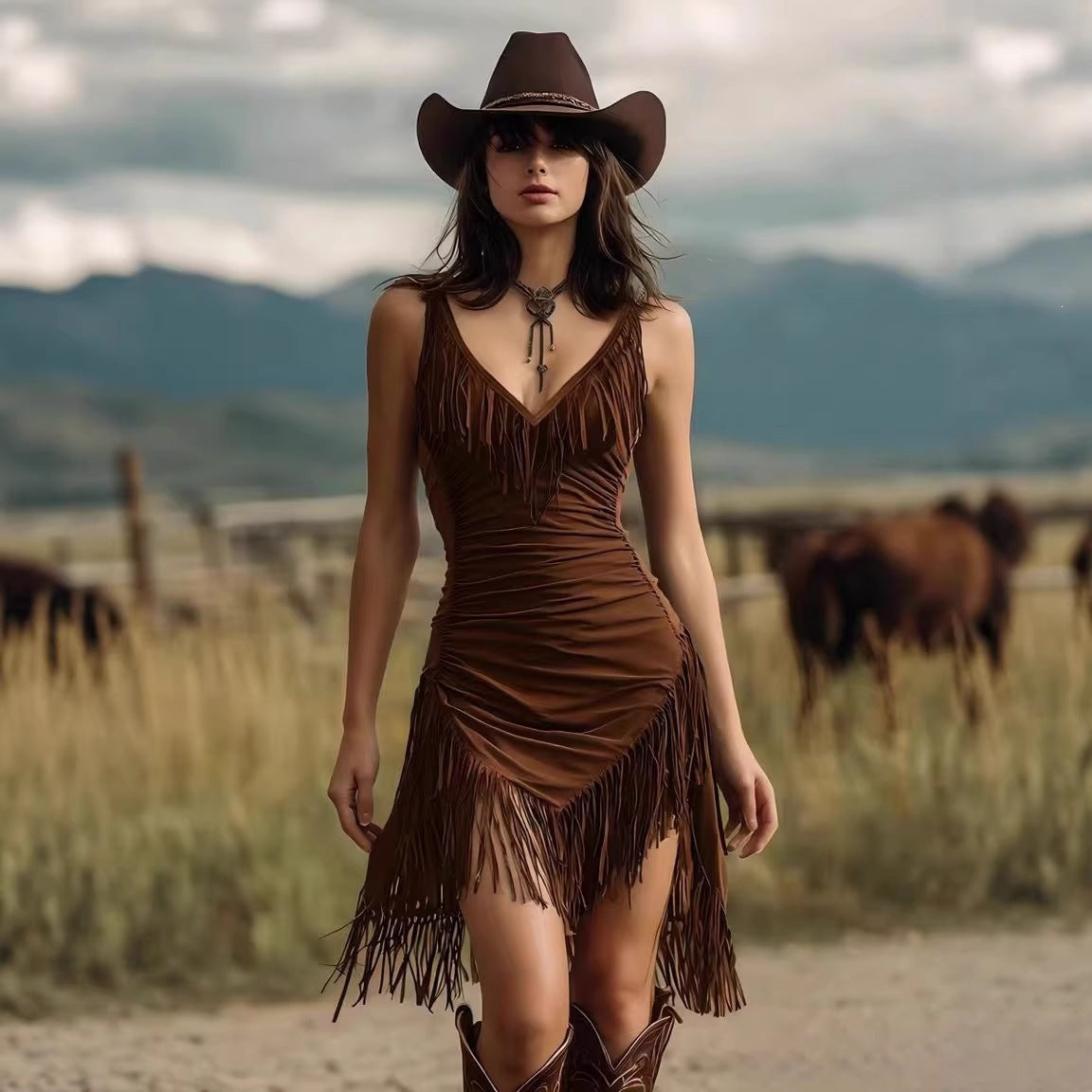 Faux Suede Fringe Deep V-Neck Ruched Mini Dress 9