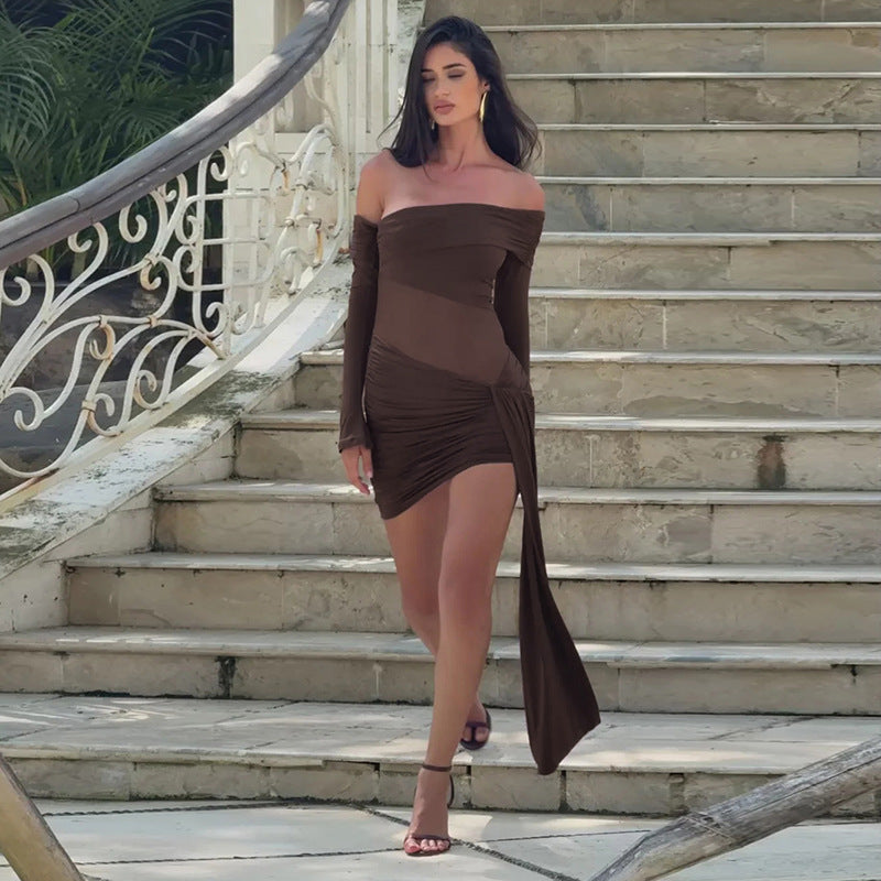 Off Shoulder Long Sleeve Sheer Mesh Panel Ruched Draped Mini Dress 2