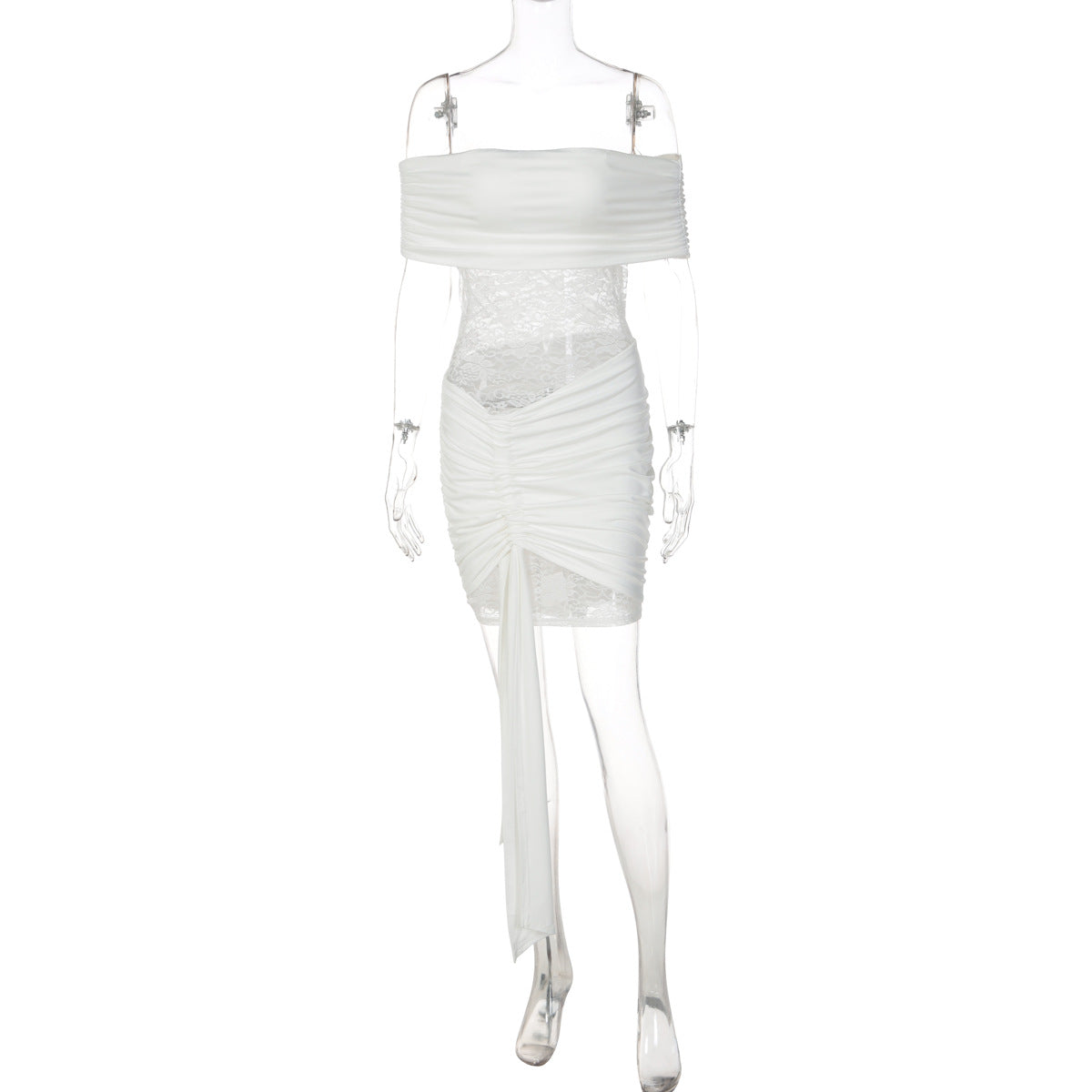 Off Shoulder Lace Ruched Bodycon Mini Dress 6
