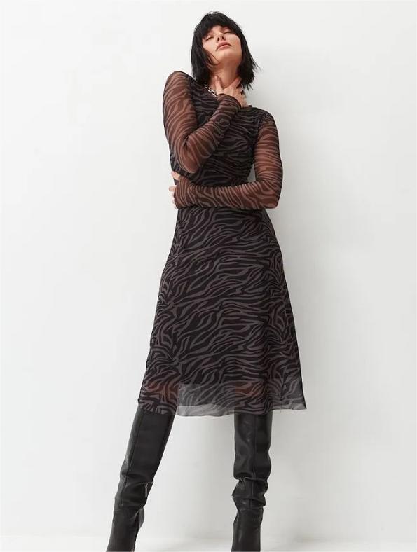 Leopard Print Mesh Long Sleeve Crew Neck Midi Dress 4