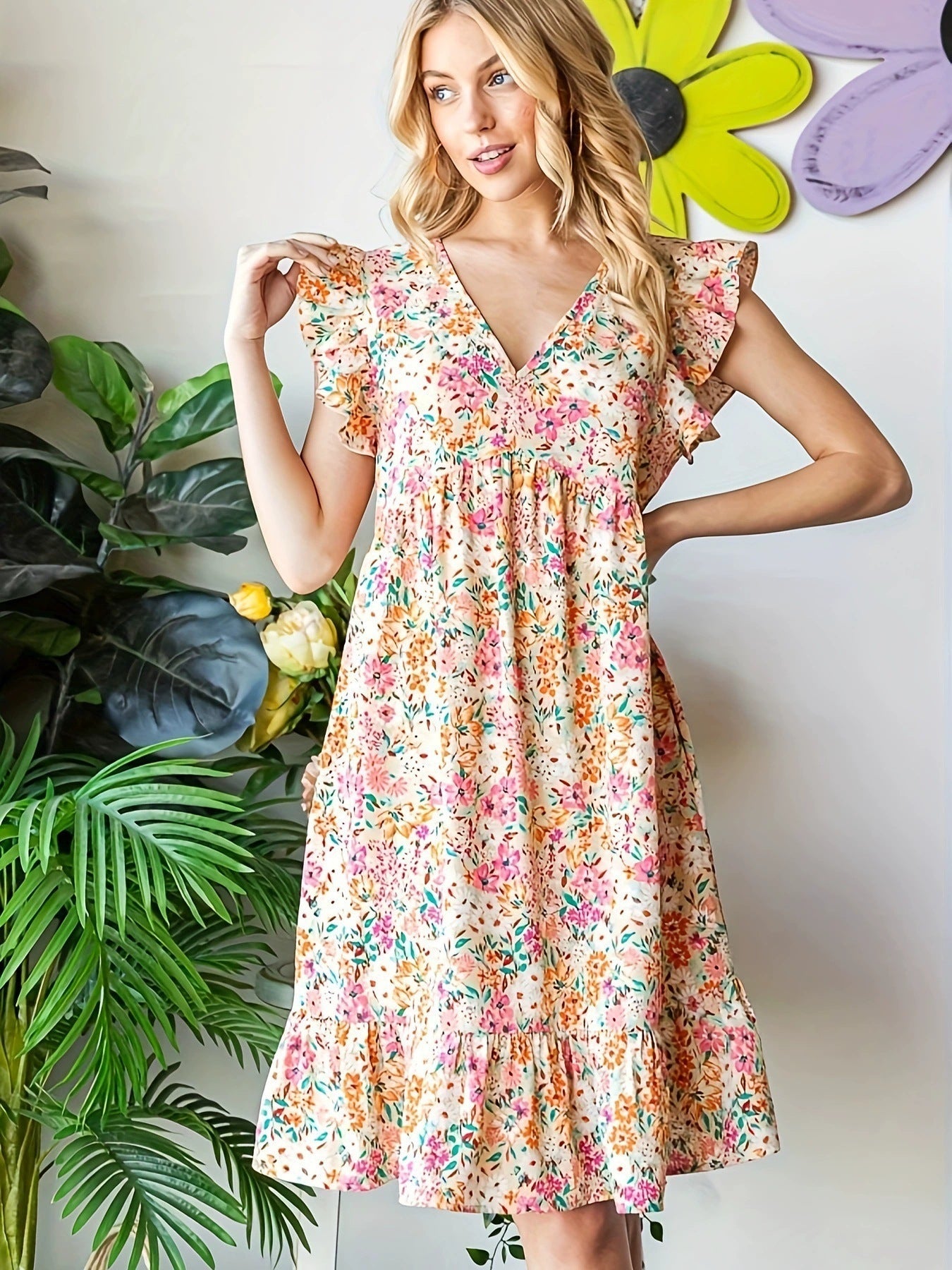 Floral V-Neck Flutter Sleeve Tiered Mini Dress 6