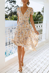 Floral V-Neck Short Sleeve Wrap Midi Dress Summer 7