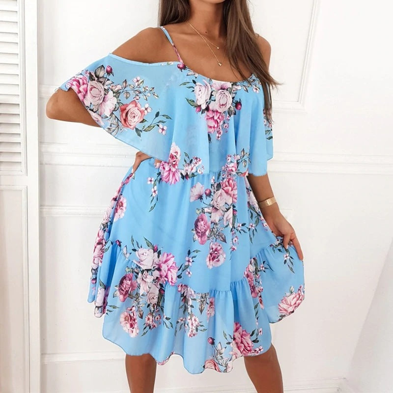 Floral Cold Shoulder Spaghetti Strap Ruffle Mini Dress 2