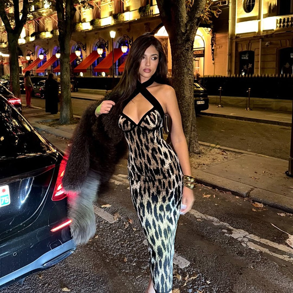 Leopard Print Contrast Trim Halter Neck Sleeveless Bodycon Maxi Dress 4