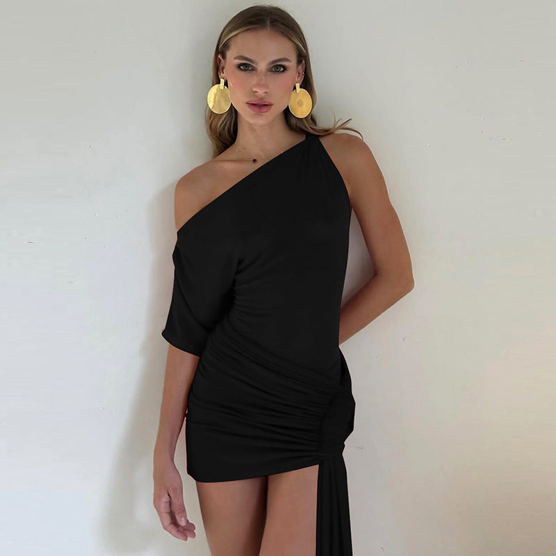 One Shoulder Single Sleeve Ruched Draped Sash Bodycon Mini Dress 2