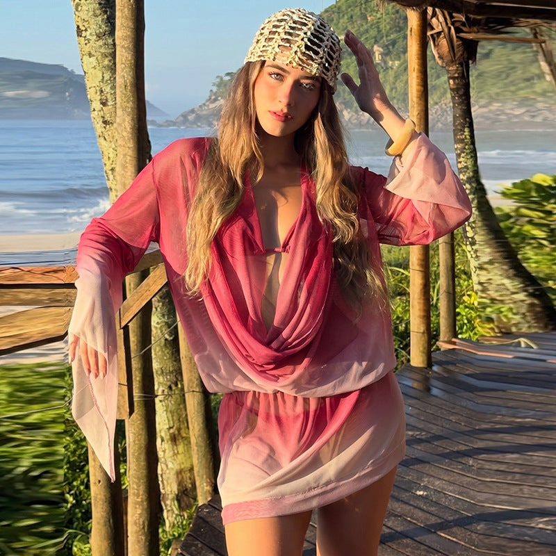 Sheer Ombre Print Draped Cowl Neck Long Sleeve Mini Dress 3