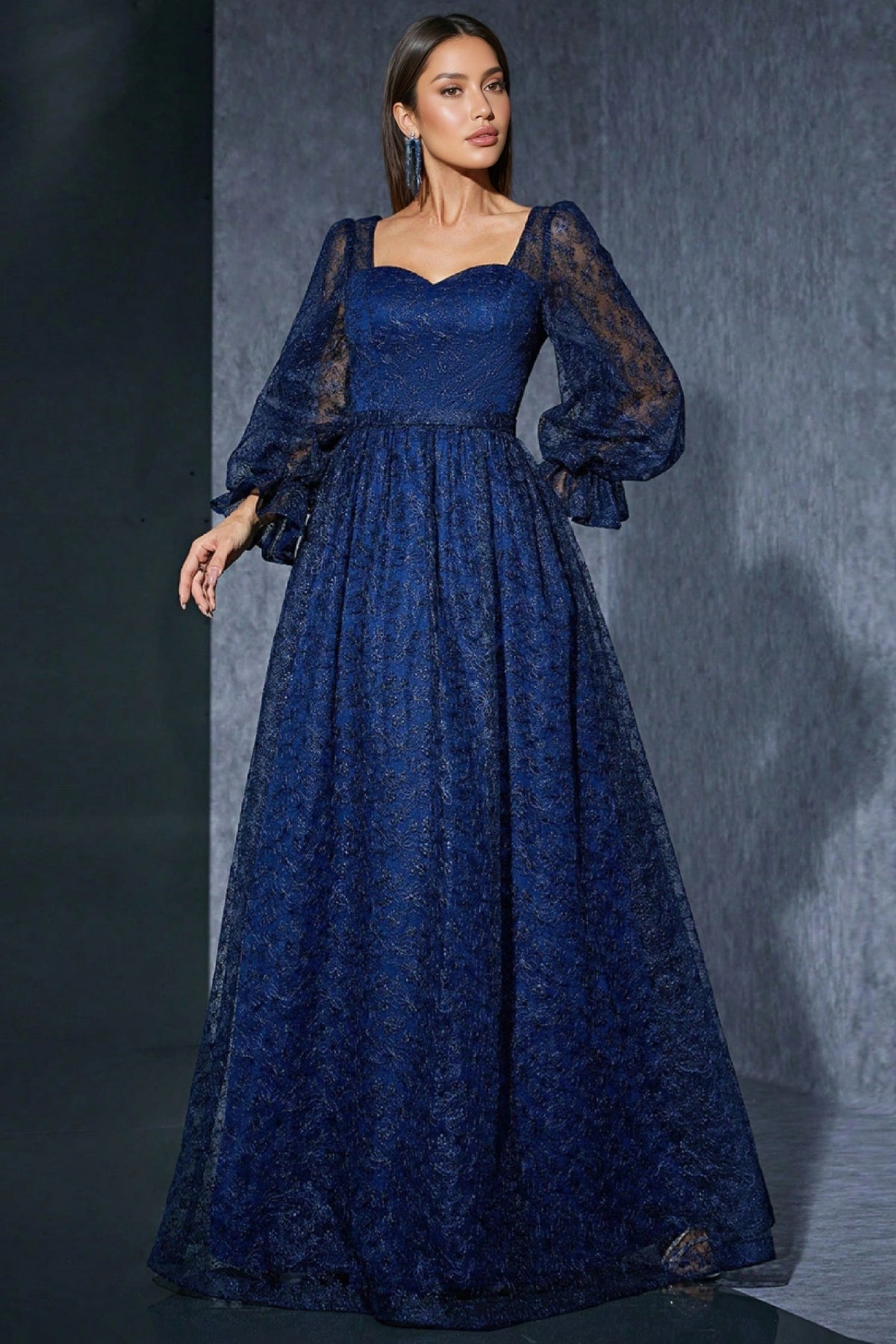 Embroidered Mesh Sweetheart Neck Sheer Lantern Sleeve A-Line Maxi Gown
