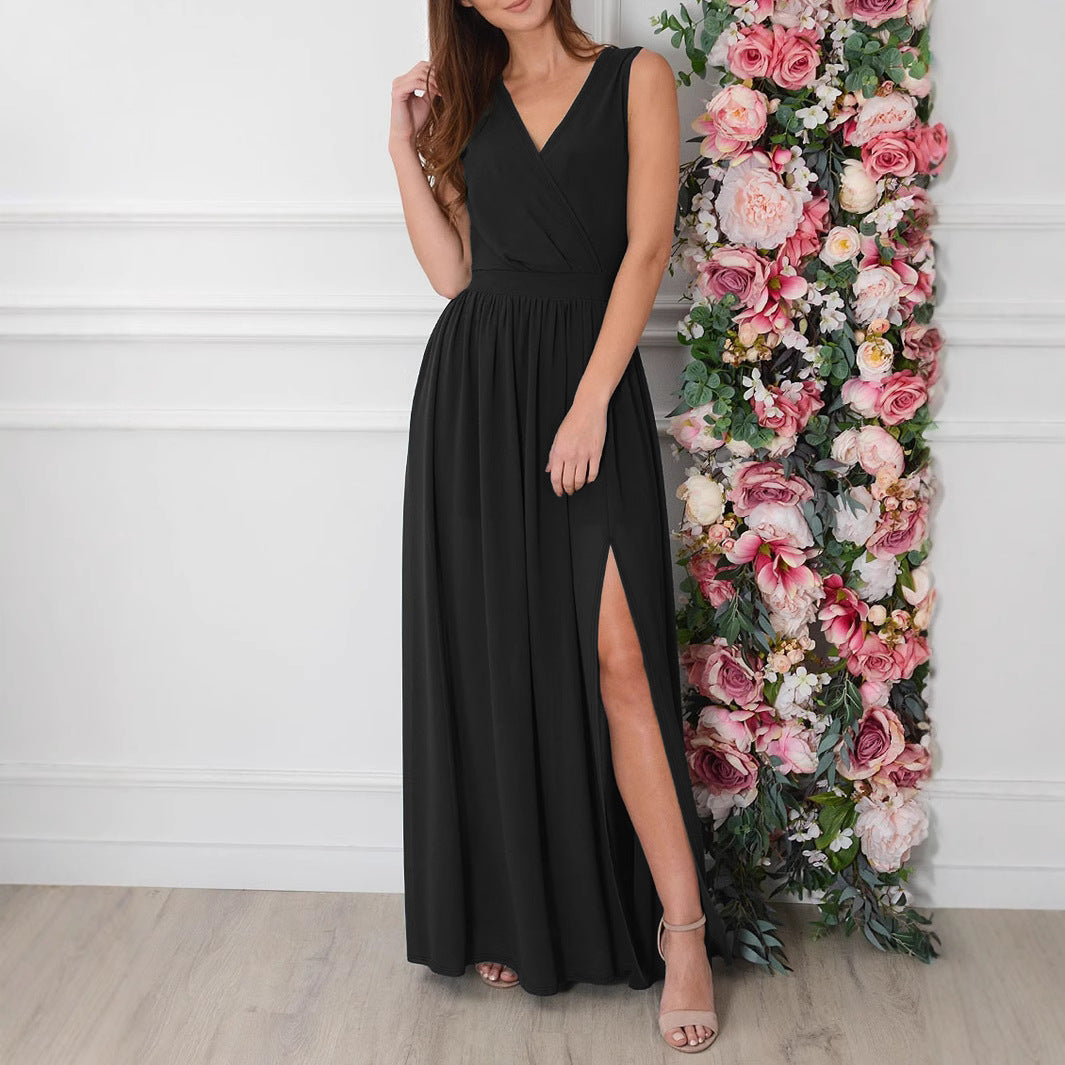 Surplice V-Neck Sleeveless Pleated High Split Maxi Dress 4