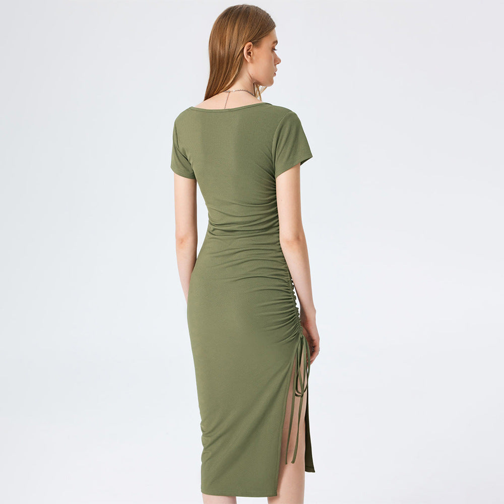 Ribbed Square Neck Short Sleeve Ruched Drawstring Side Bodycon Midi Dress 2