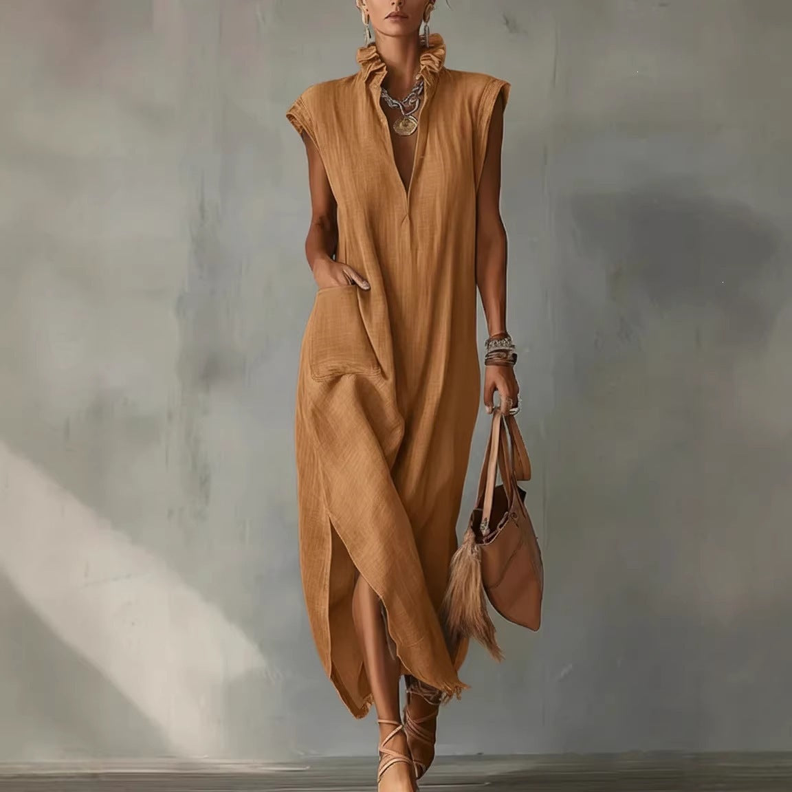 High Neck Cap Sleeve High Split Pocket Maxi Dress 3