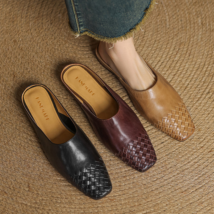 Square Toe Woven Detail Low Block Heel Mules
