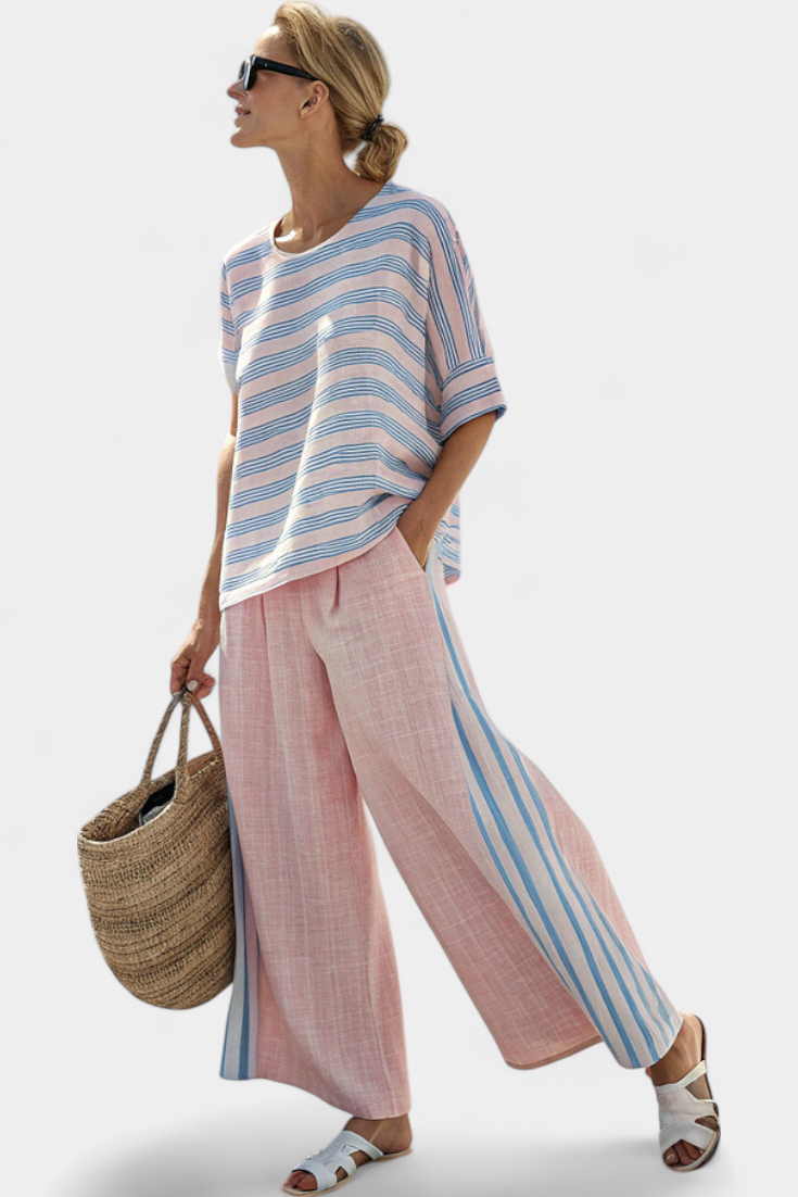 Striped Short Sleeve Top and Wide Leg Pants Two Piece Set