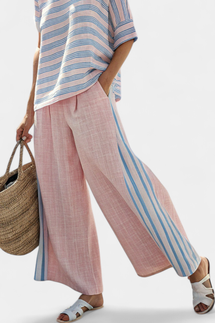 Striped Short Sleeve Top and Wide Leg Pants Two Piece Set