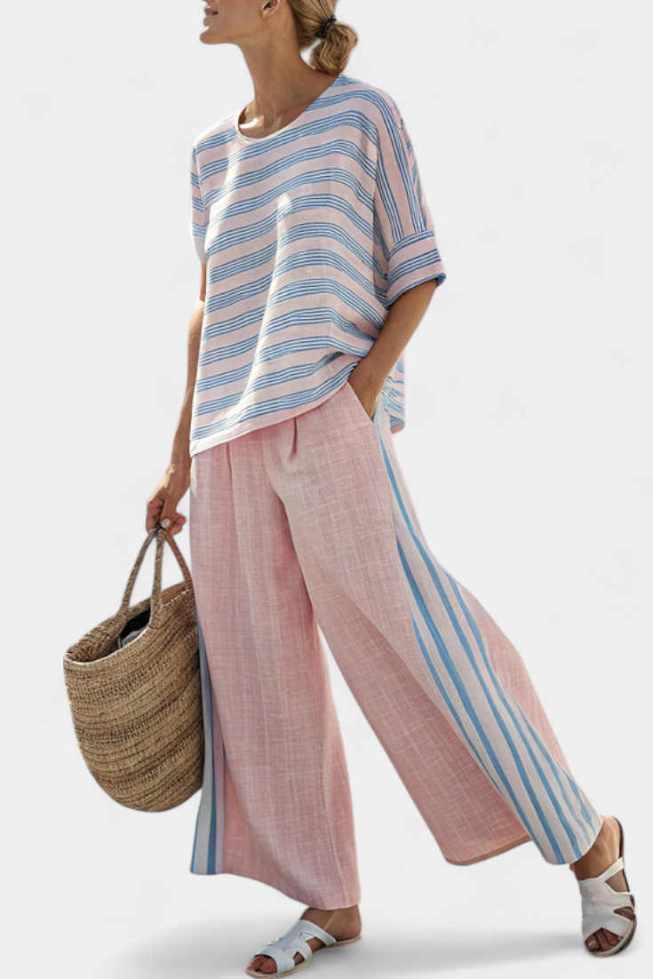 Striped Short Sleeve Top and Wide Leg Pants Two Piece Set