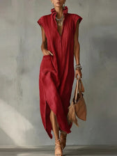 High Neck Cap Sleeve High Split Pocket Maxi Dress 10