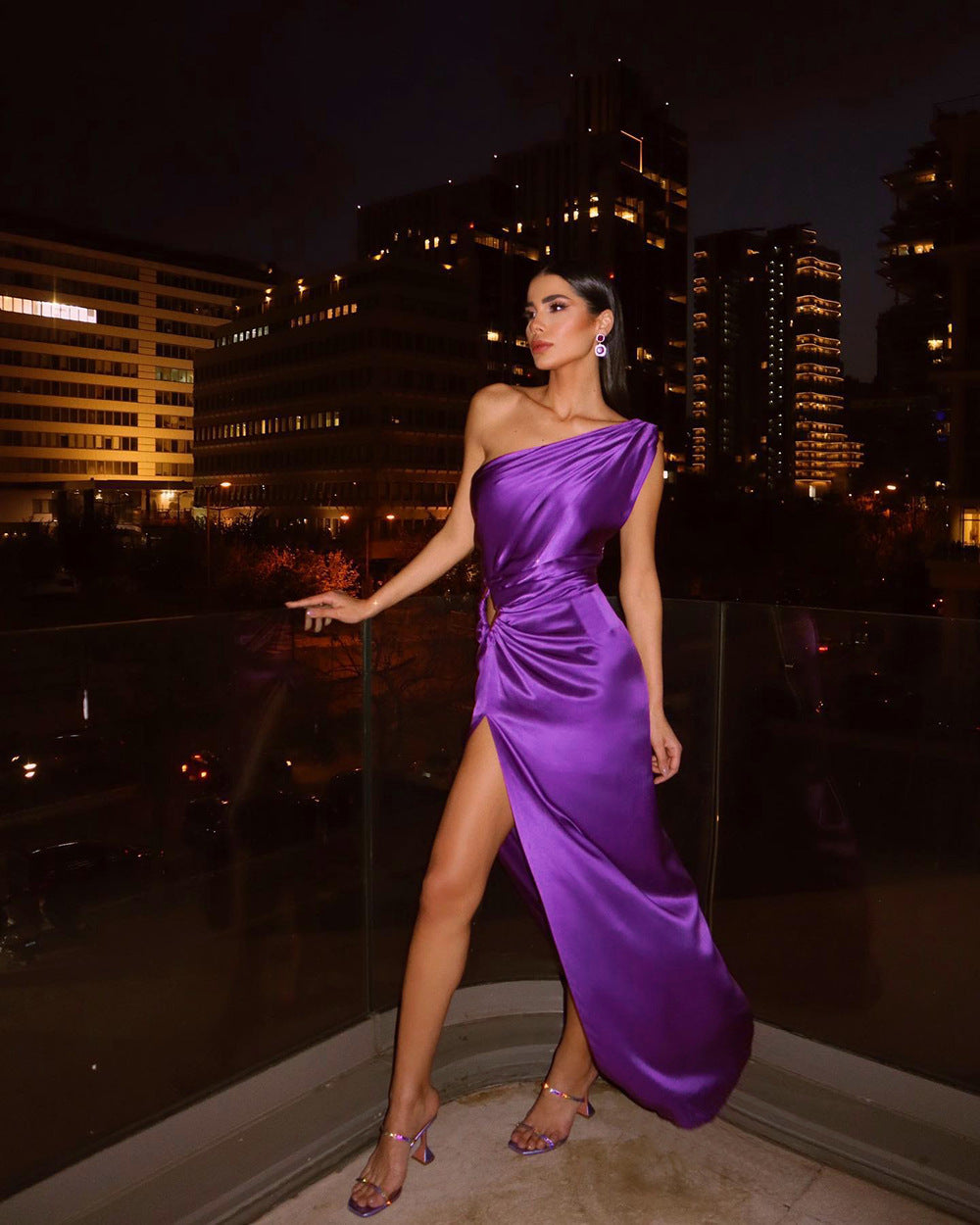 Satin One Shoulder Cut Out Ring Waist Ruched High Split Maxi Gown