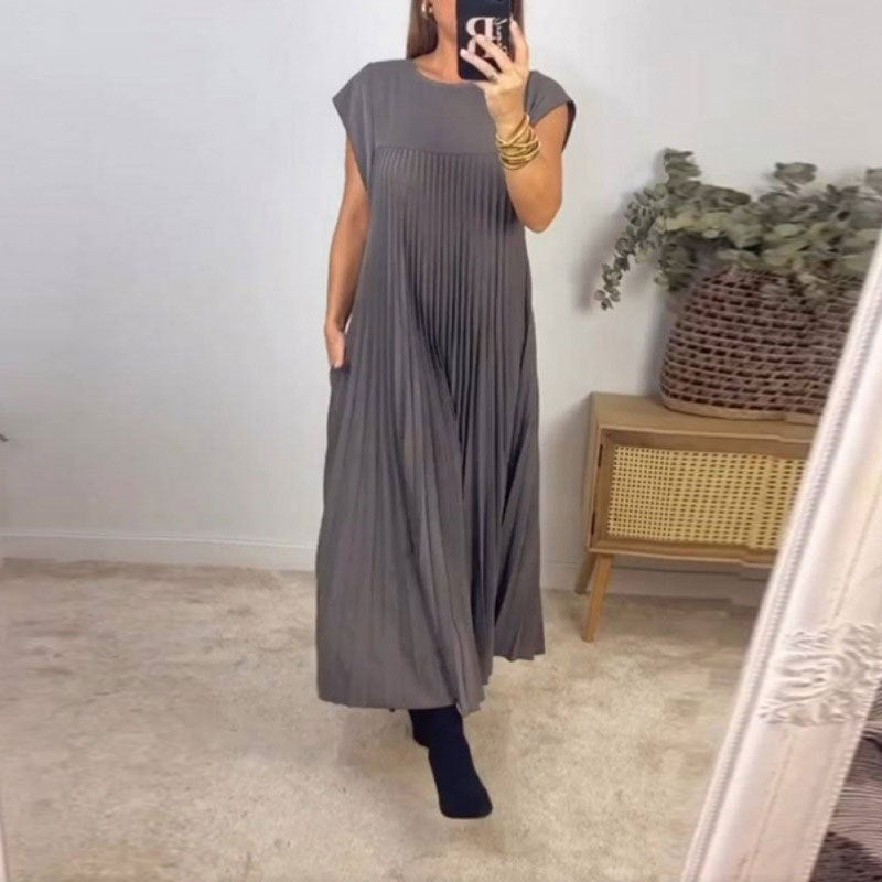 High Neck Cap Sleeve Pleated Loose Maxi Dress 2