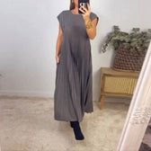 High Neck Cap Sleeve Pleated Loose Maxi Dress 2